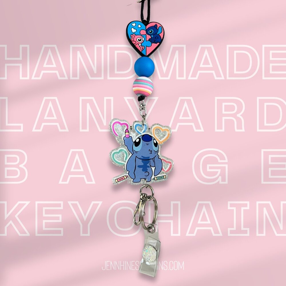 Stitch Hearts Blue Alien Badge Lanyard | Cute Badge Holder | Teacher | Keychain
